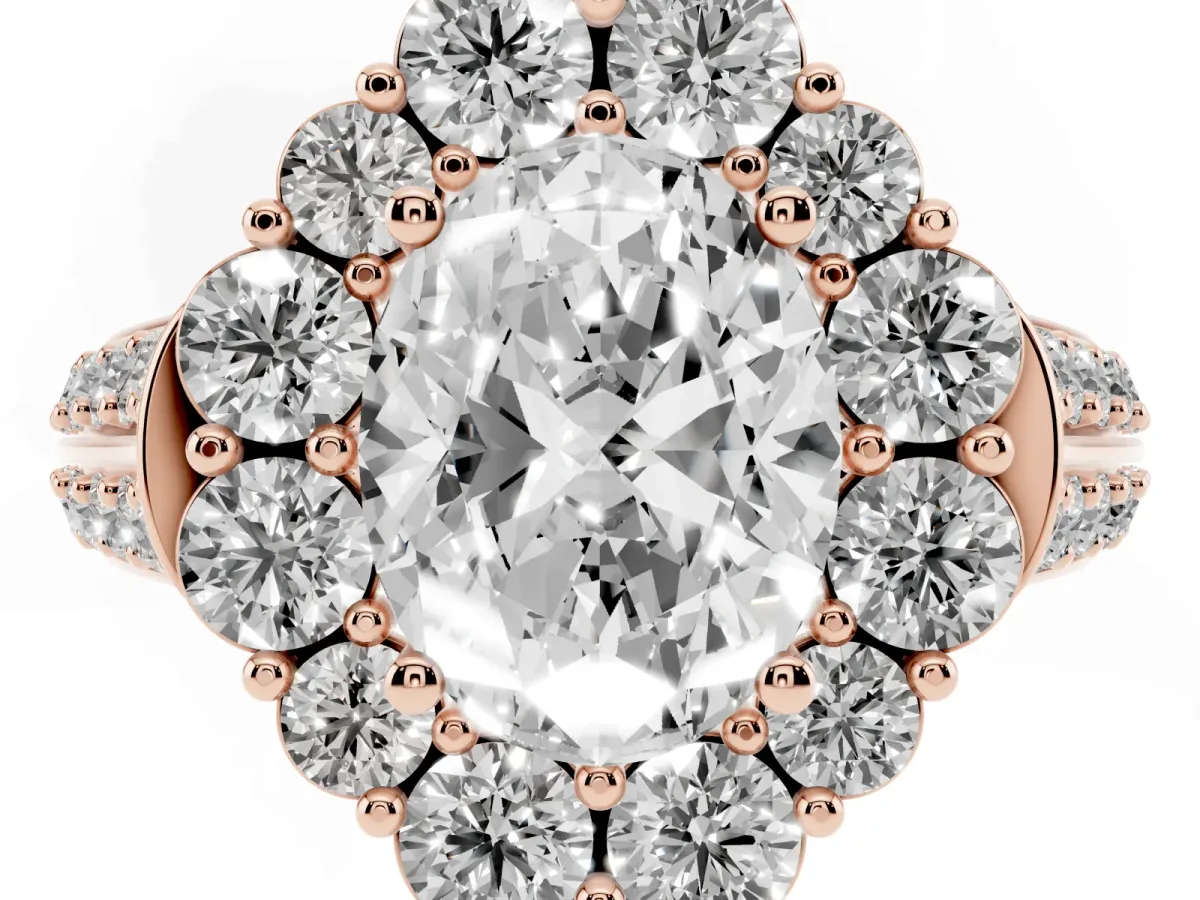 Oval Cut Halo Diamond Engagement Ring with Split Shank and Prong Setting Rose gold