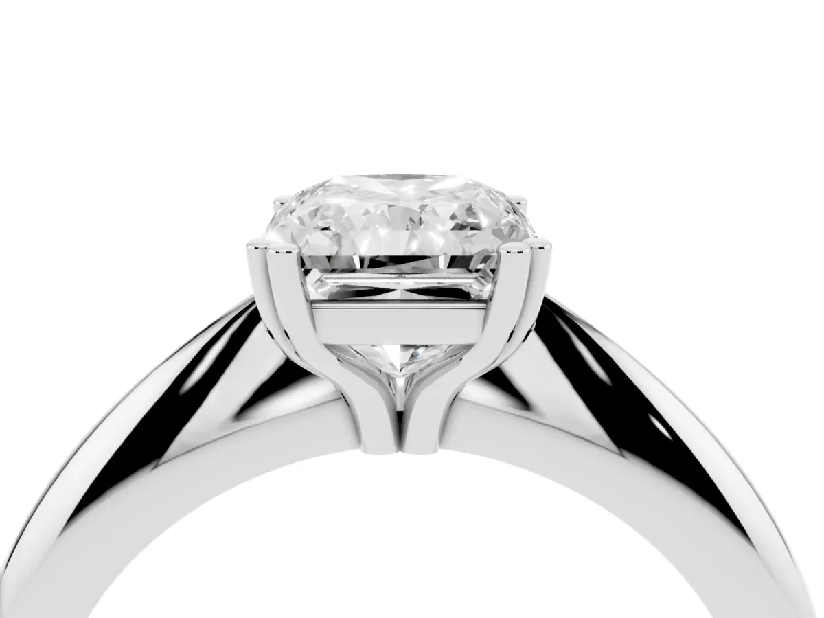Radiant Cut Cut Solitaire Engagement Ring with Tapered Band and Four-Prong Setting Platinum
