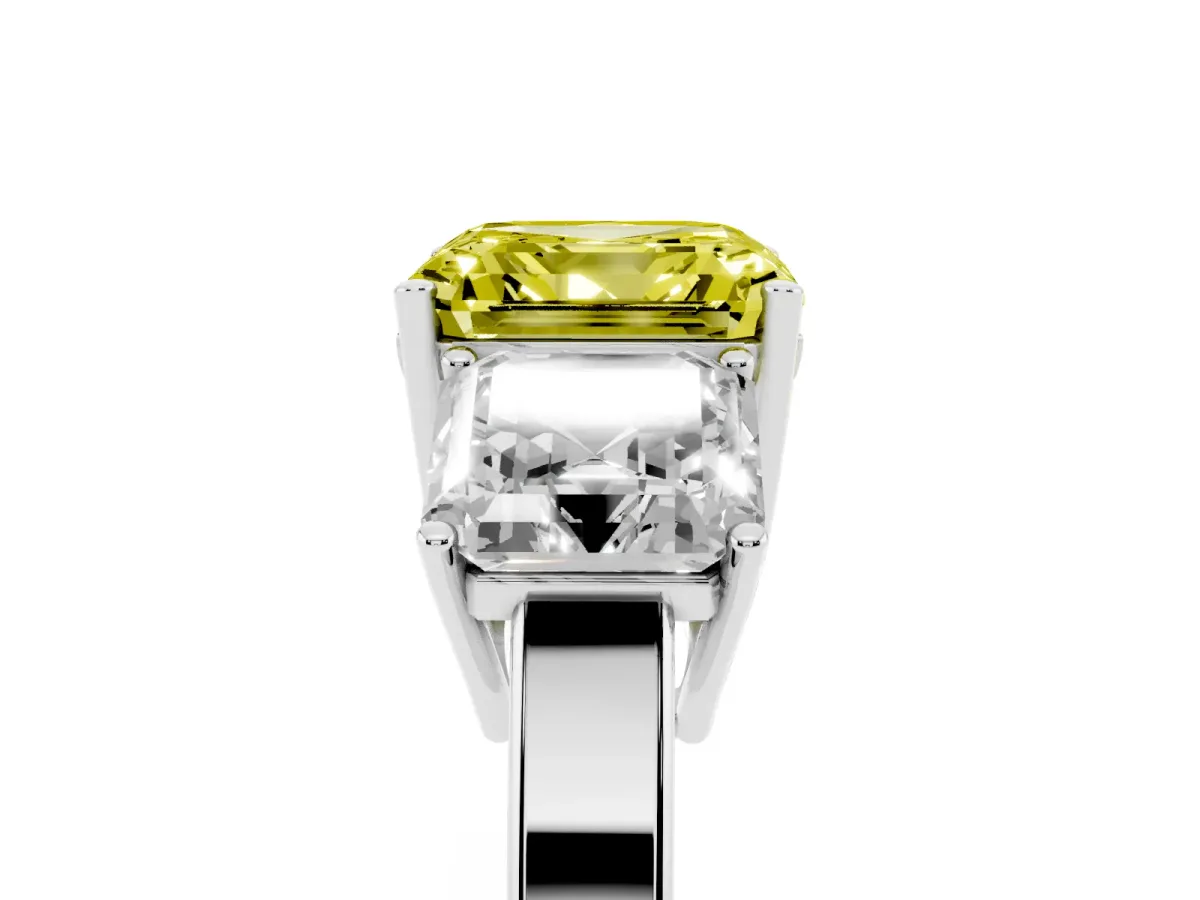 Fancy Yellow Three-Stone Asscher Cut Cut Diamond Engagement Ring with Flat Band and Four-Prong Setting Silver