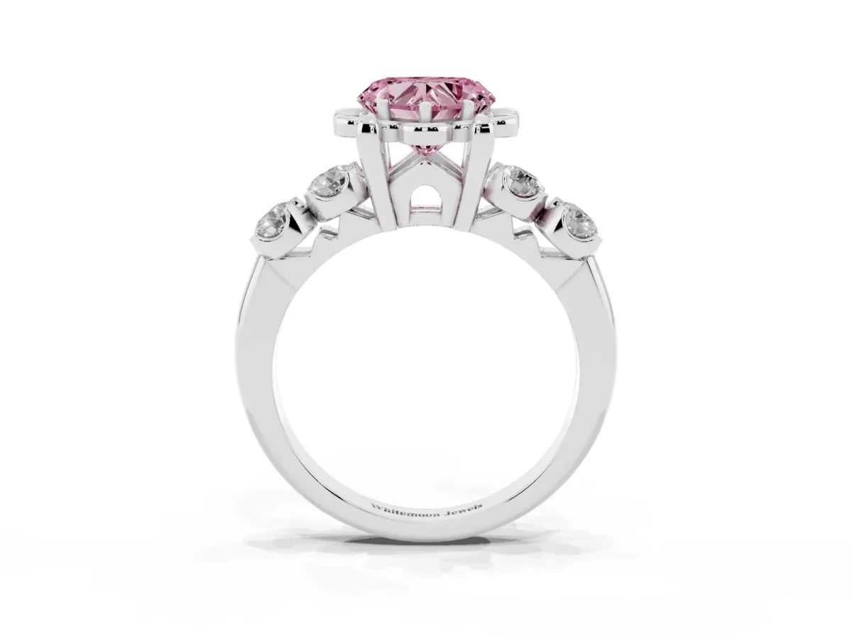 Fancy Pink Heart Cut Cut Diamond Floral Halo Engagement Ring with Shared Prong Setting Silver