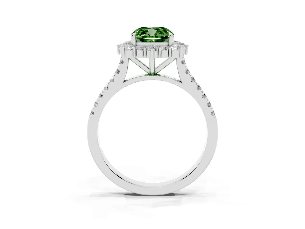 Fancy Green Cushion Cut Halo Diamond Ring with Pavé Band and Prong Setting Silver