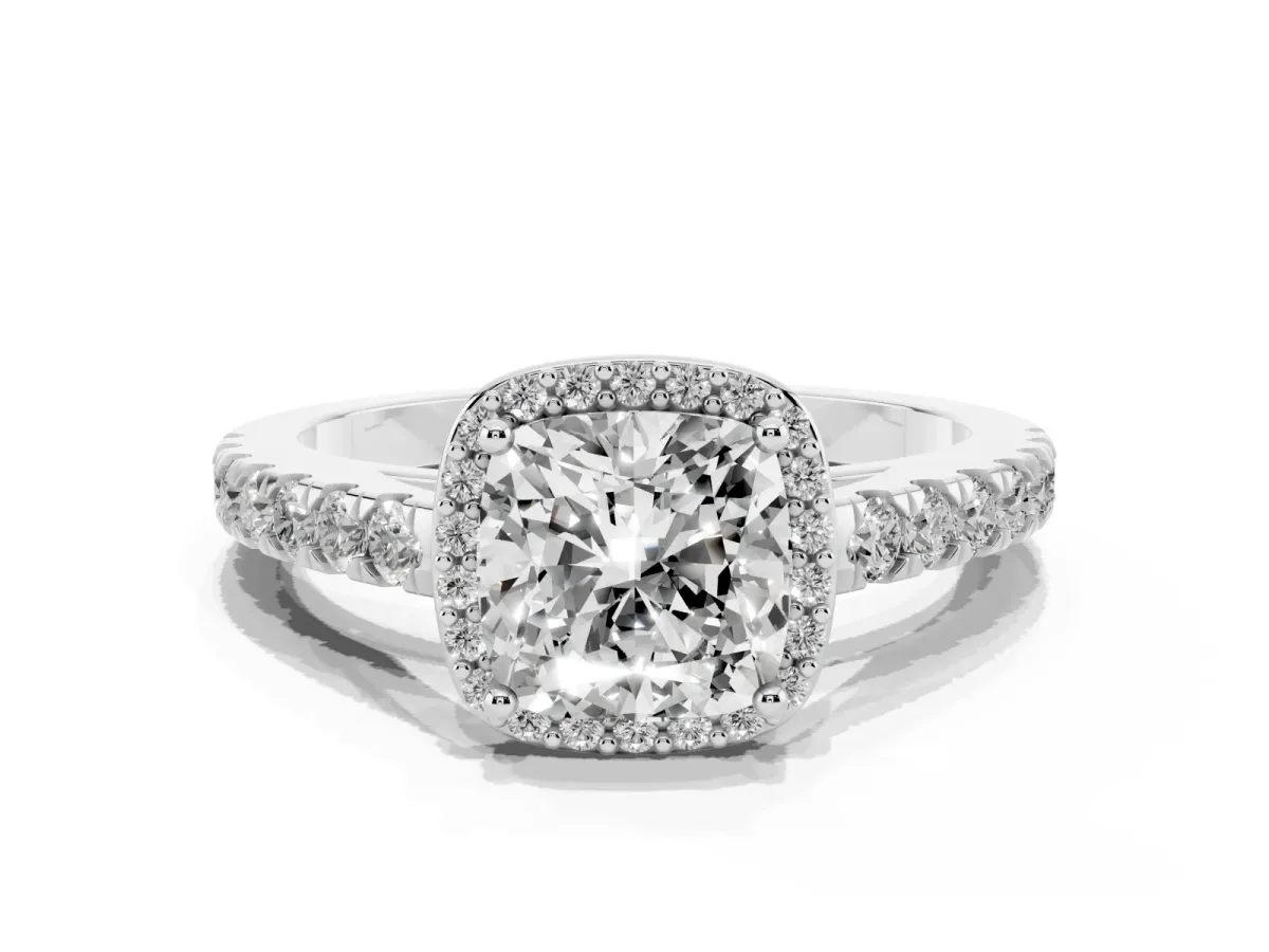 Cushion Cut Cut Halo Diamond Engagement Ring with Pave Band and Four-Prong Setting Platinum