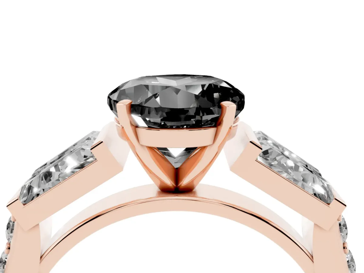 Fancy Black Round Cut Diamond Engagement Ring with Baguette Side Stones and Channel Set Band Rose gold