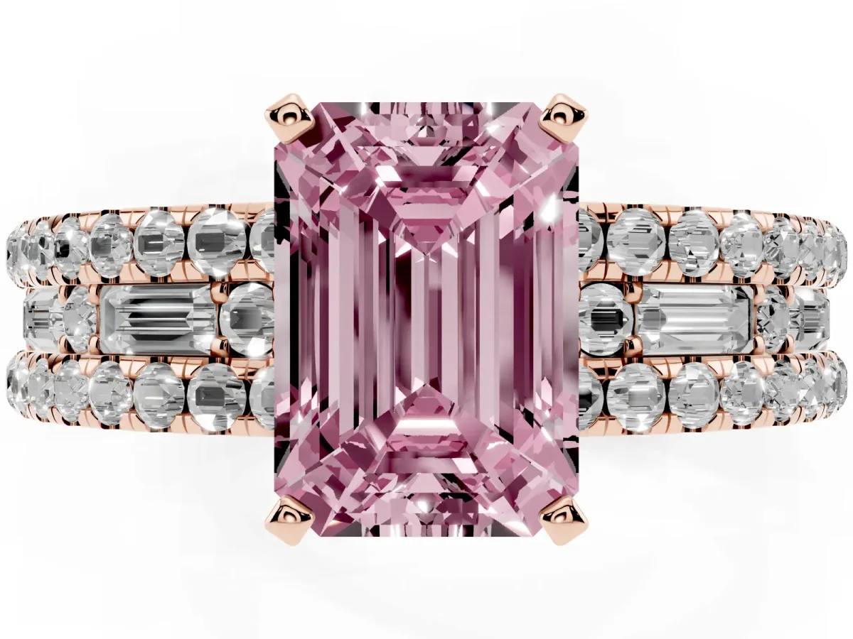 Fancy Pink Emerald Cut Diamond Solitaire Ring with Pavé and Channel Set Band Rose gold