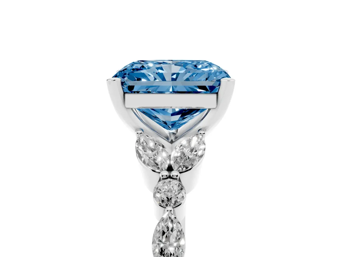 Fancy Blue Radiant Cut Diamond Solitaire Ring with Side Stones and Four-Prong Setting Platinum