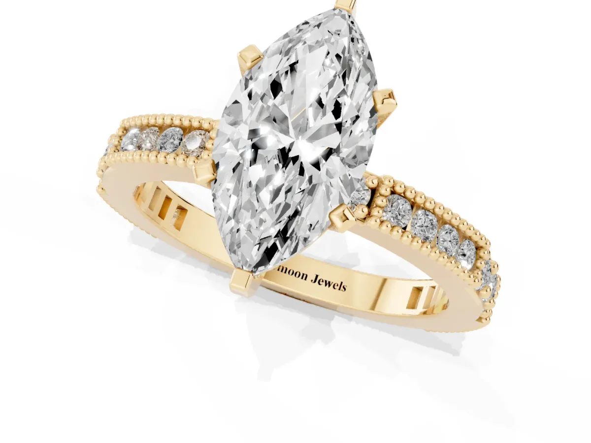 Marquise Cut Solitaire with Pavé Band and Four-Prong Setting Yellow gold