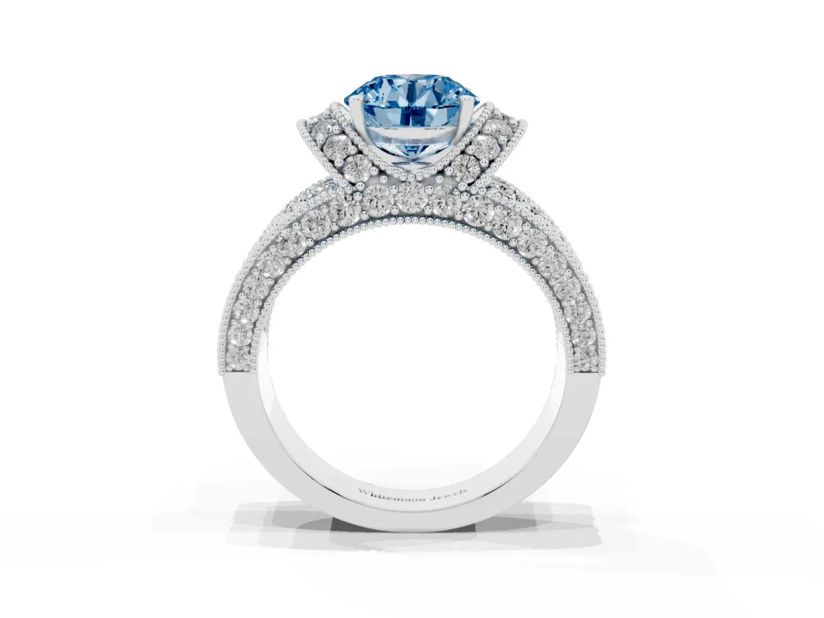 Fancy Blue Round Cut Halo Pave Diamond Engagement Ring with Milgrain Detailing Silver