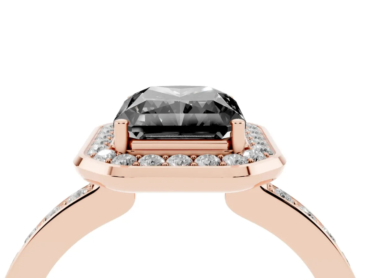 Fancy Black Radiant Cut Diamond Halo Ring with Bezel Frame and Pavé Band Rose gold