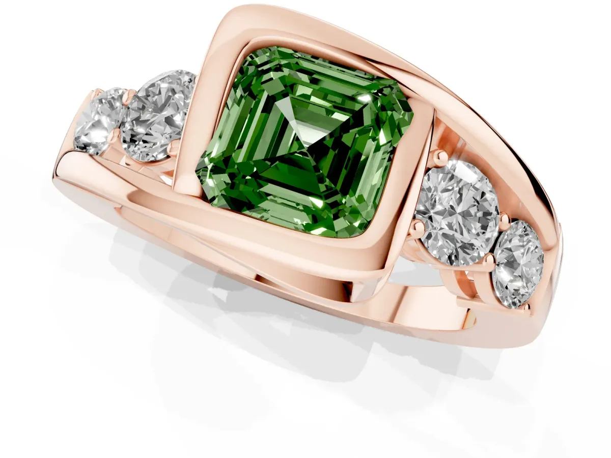 Fancy Green Bezel Set Asscher Cut Diamond Bypass Ring with Round Accents Rose gold