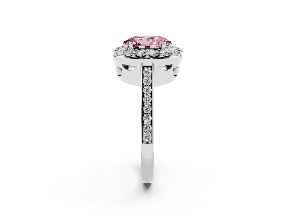 Fancy Pink Oval Cut Diamond Floral Halo Ring with Pavé Band and Prong Setting Platinum