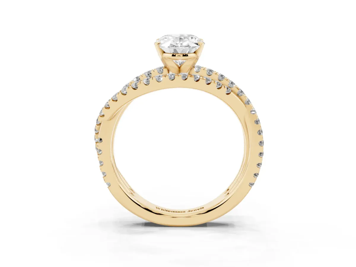 Oval Cut Solitaire Twist Band with Pavé Setting and Four-Prong Setting Yellow gold