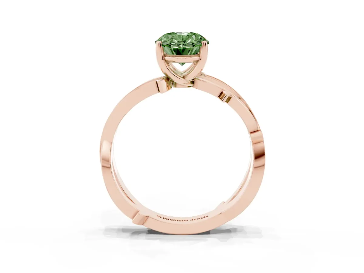 Fancy Green Oval Cut Solitaire Twist Band with Pavé Accents and Four-Prong Setting Rose gold
