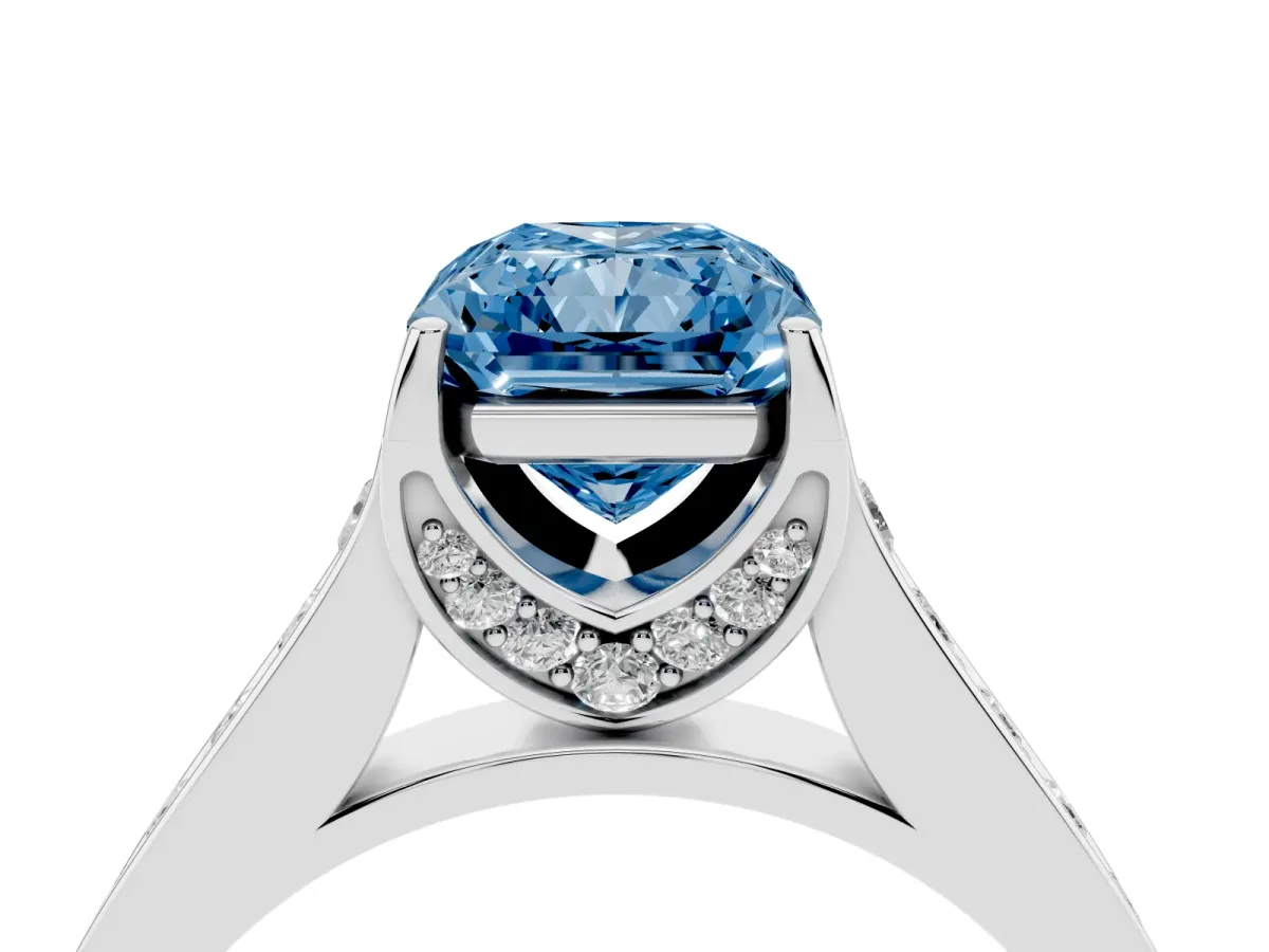 Fancy Blue Radiant Cut Brilliant Cut Diamond Engagement Ring with Pavé Band and Four-Prong Setting White gold