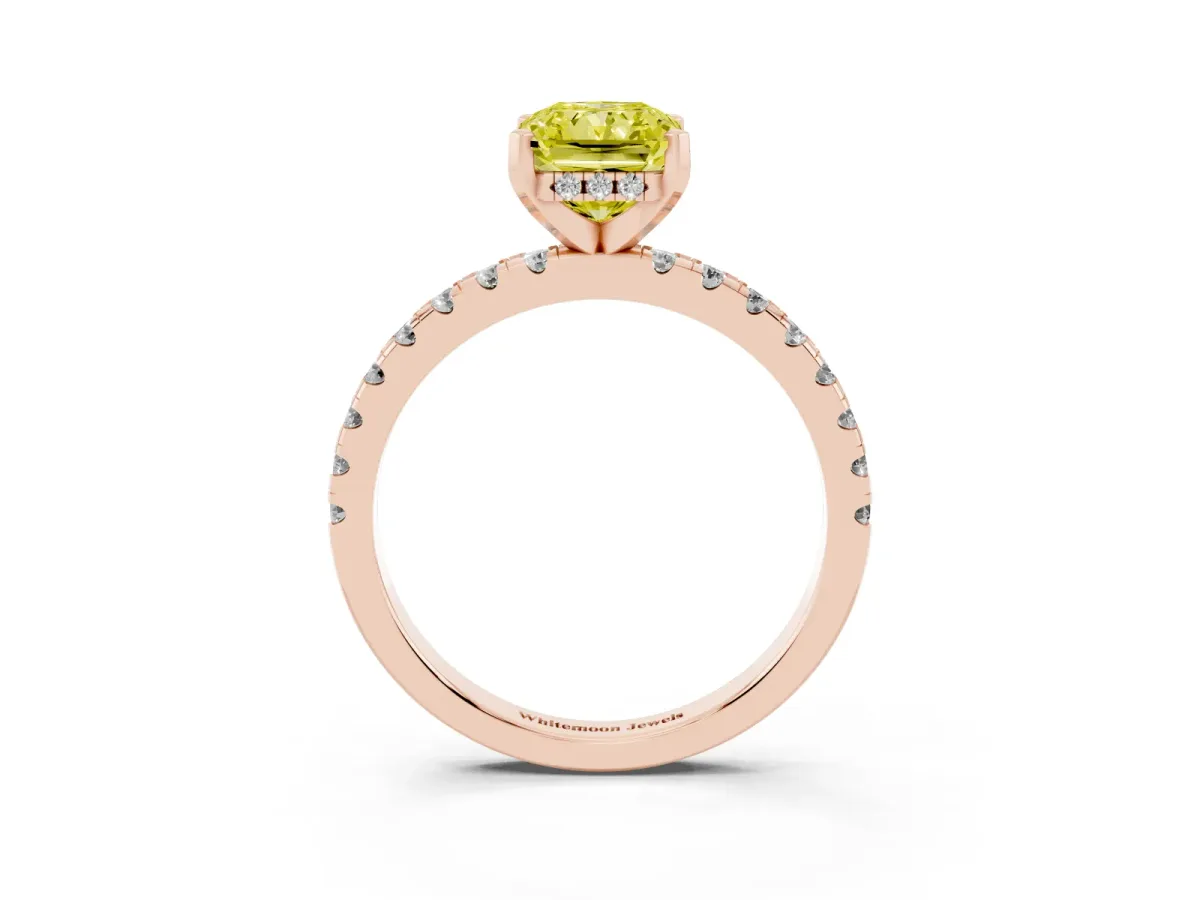 Fancy Yellow Radiant Cut Diamond Solitaire Ring with Round Pavé Band and Four-Prong Setting Rose gold