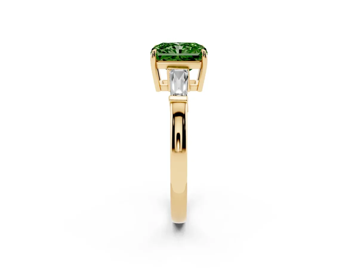 Fancy Green Radiant Cut Diamond Three-Stone Ring with Tapered Baguette Side Stones and Prong Setting Yellow gold