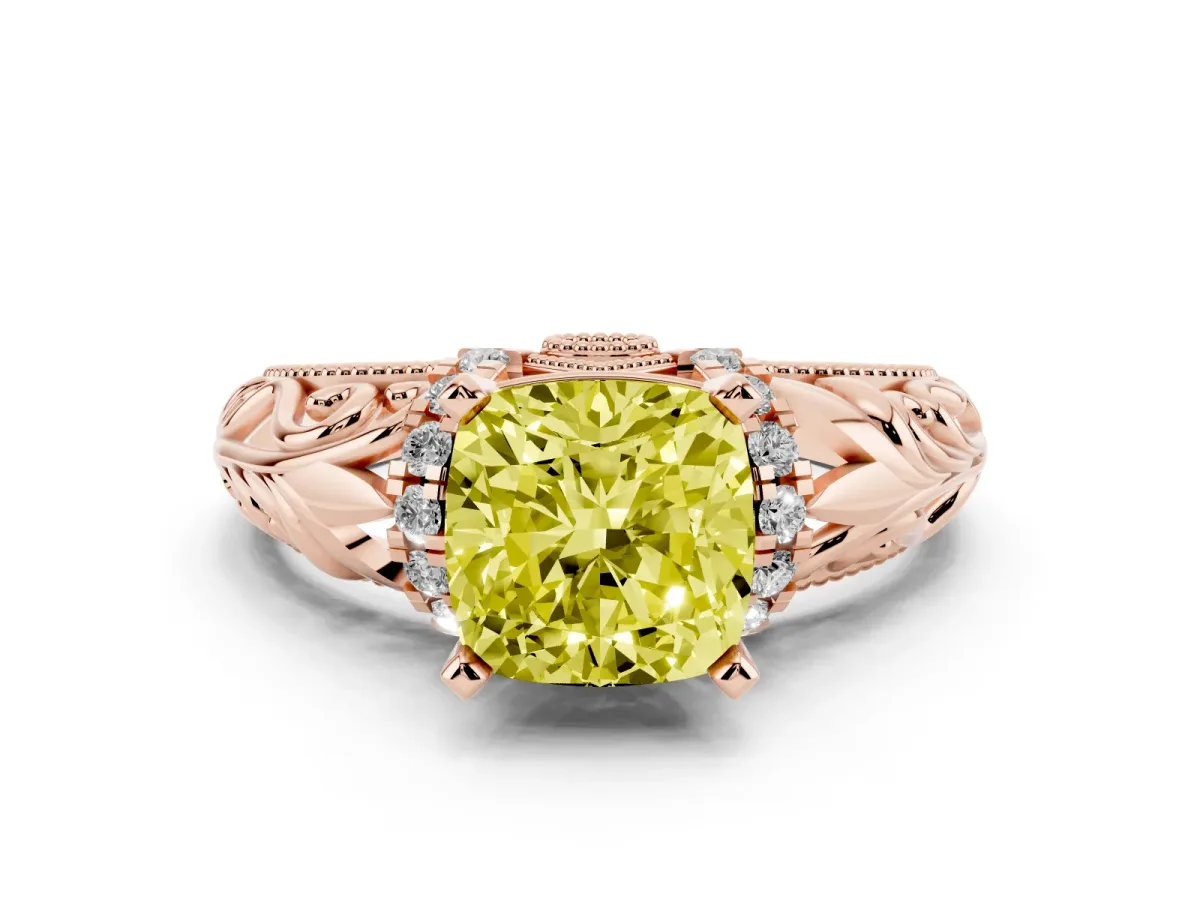Fancy Yellow Cushion Cut Solitaire Filigree Engagement Ring with Halo and Prong Setting Rose gold