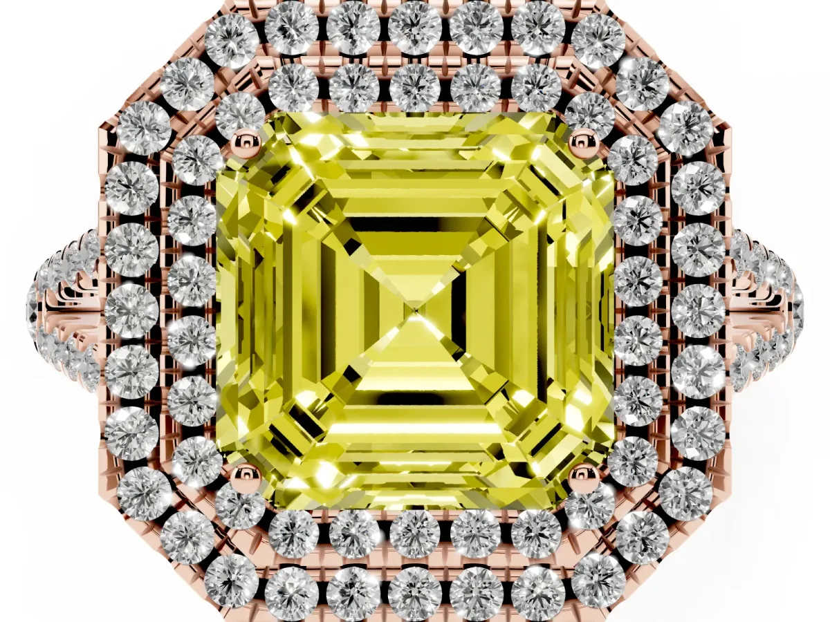 Fancy Yellow Asscher Cut Diamond Double Halo Ring with Pavé Band and Prong Setting Rose gold