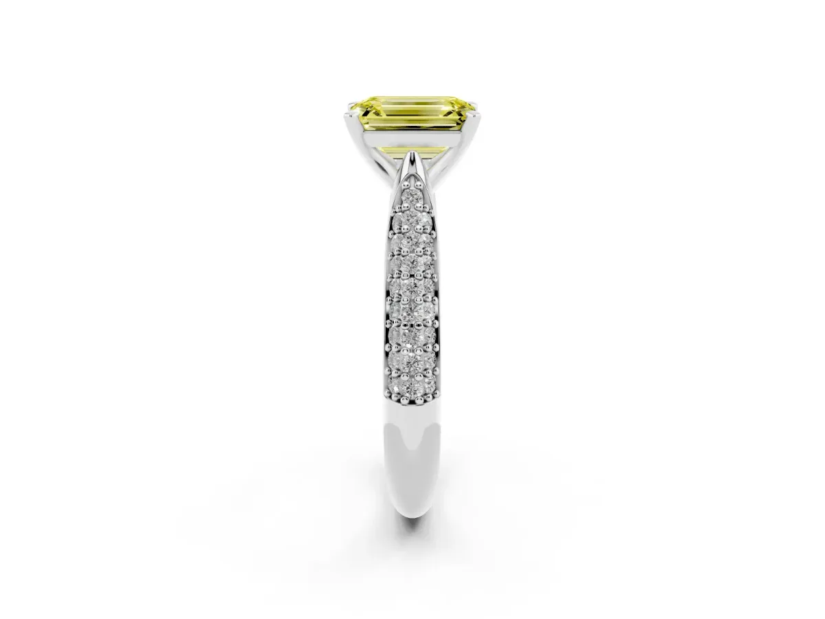 Fancy Yellow Emerald Cut Diamond Solitaire Engagement Ring with Multi-Row Round Pavé Band and Prong Setting Silver
