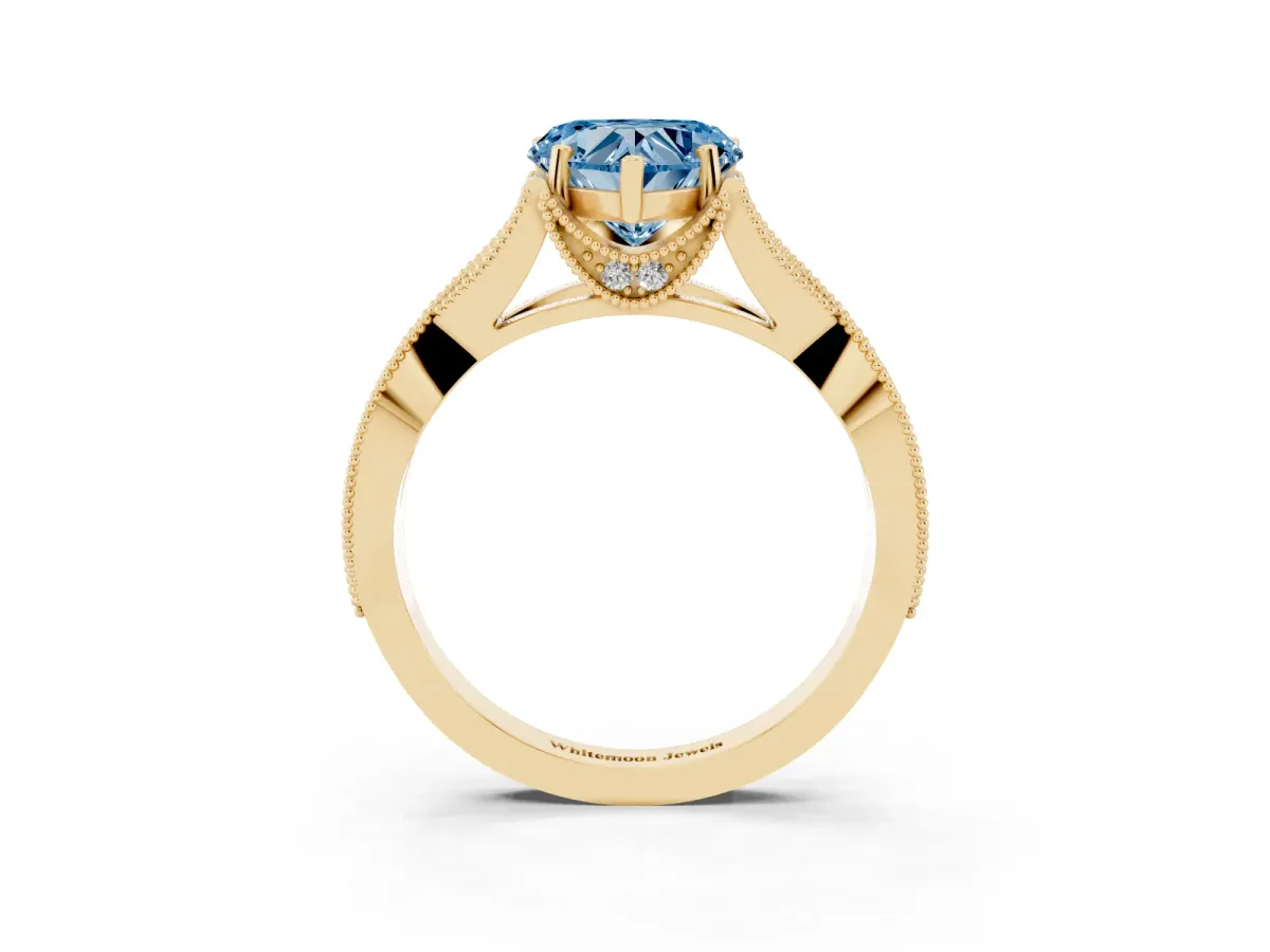 Fancy Blue Heart Cut Cut Diamond Twisted Band with Milgrain Pave Setting and Four-Prong Setting Yellow gold