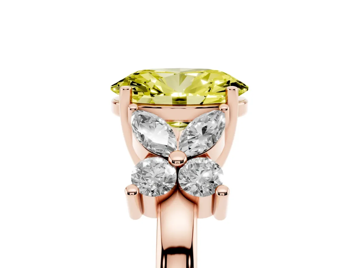 Fancy Yellow Oval Cut Diamond Floral Cluster Ring with Solitaire Band and Prong Setting Rose gold