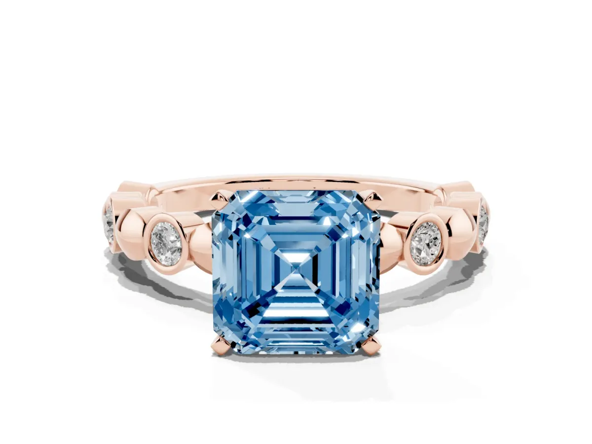 Fancy Blue Asscher Cut Solitaire Bezel-Set Diamond Ring with Beaded Band and Four-Prong Setting Rose gold