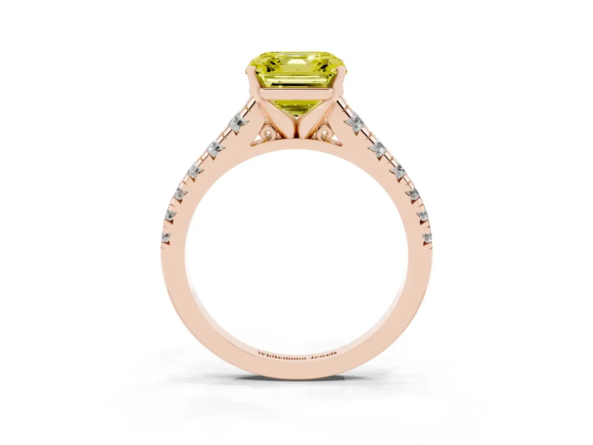 Fancy Yellow Asscher Cut Diamond Cathedral Solitaire Ring with Round Pavé Band Rose gold