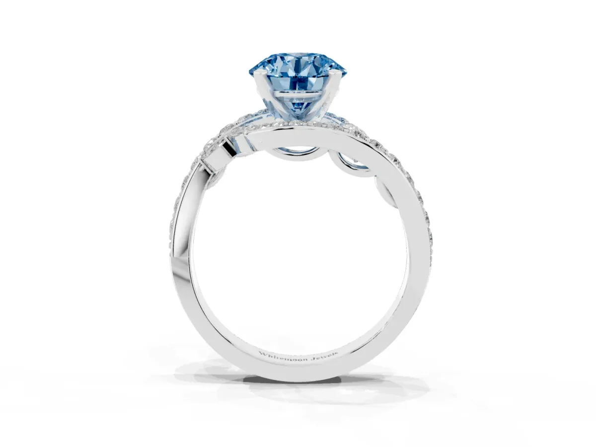 Fancy Blue Round Cut Solitaire with Pavé Twist Band and Four-Prong Setting Silver