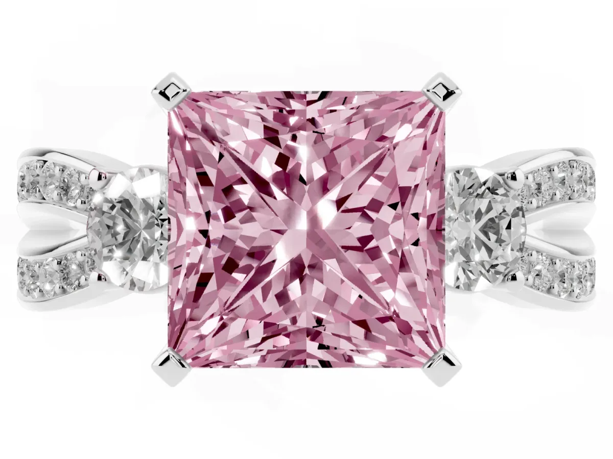 Fancy Pink Three-Stone Princess Cut Cut Diamond Twist Band with Prong Setting Silver