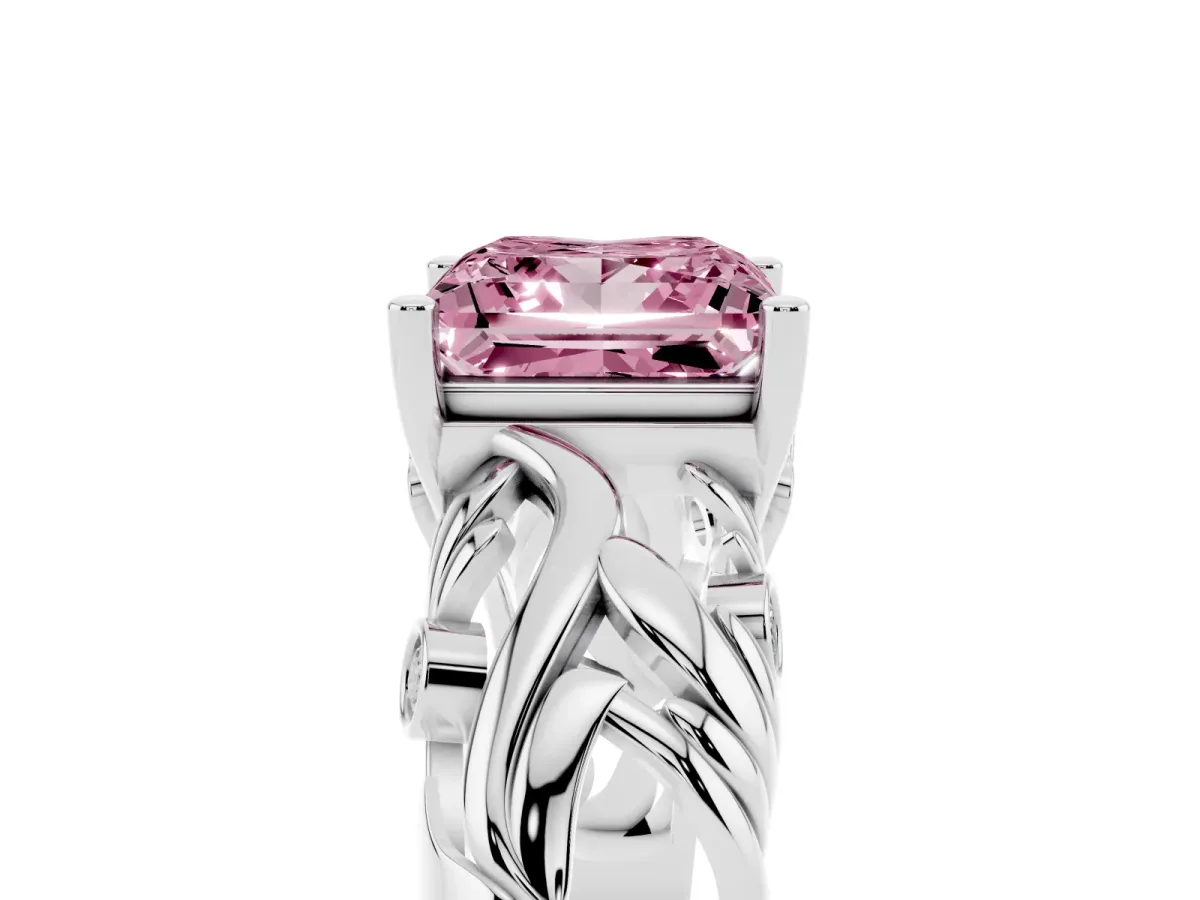 Fancy Pink Princess Cut Solitaire Diamond Leaf-Inspired Vine Band Ring with Prong Setting White gold