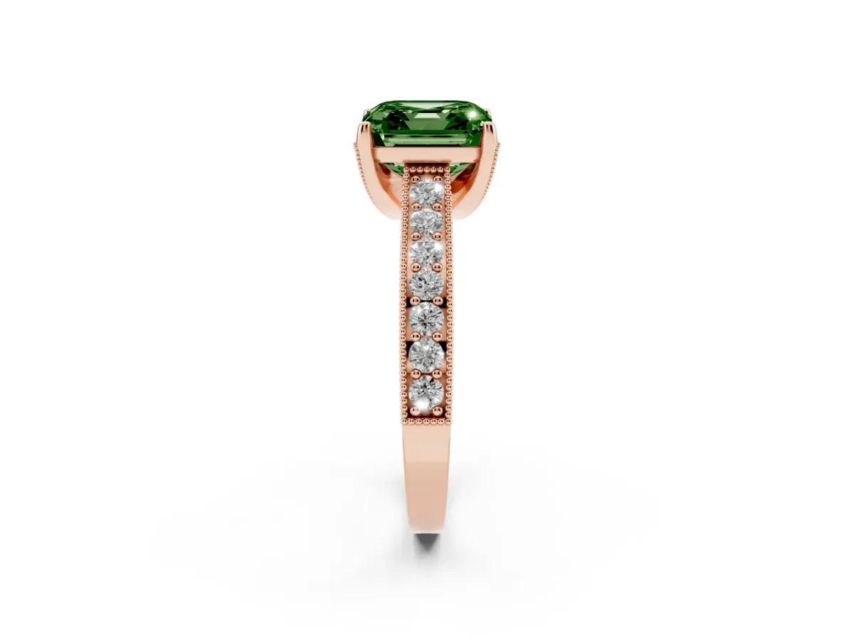 Fancy Green Asscher Cut Cut Diamond Solitaire Ring with Milgrain Pave Band and Four Prong Setting Rose gold