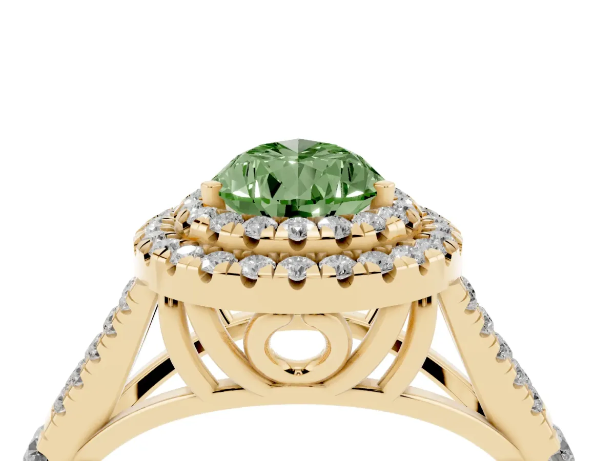 Fancy Green Pear Cut Cut Double Halo Split Shank Diamond Ring with Prong Setting Yellow gold