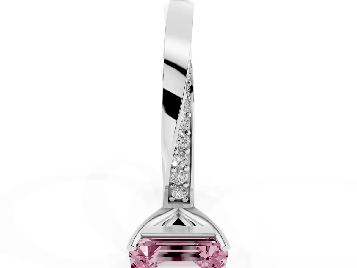 Fancy Pink Emerald Cut Diamond Engagement Ring with Side Stone Accents and Four-Prong Setting Silver