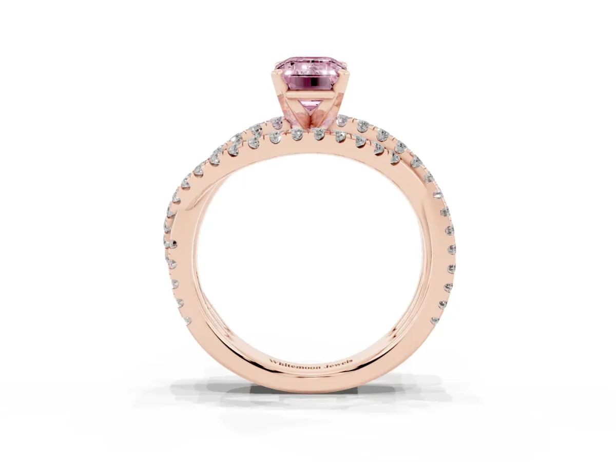 Fancy Pink Emerald Cut Solitaire Twist Band with Pavé Setting and Four-Prong Setting Rose gold