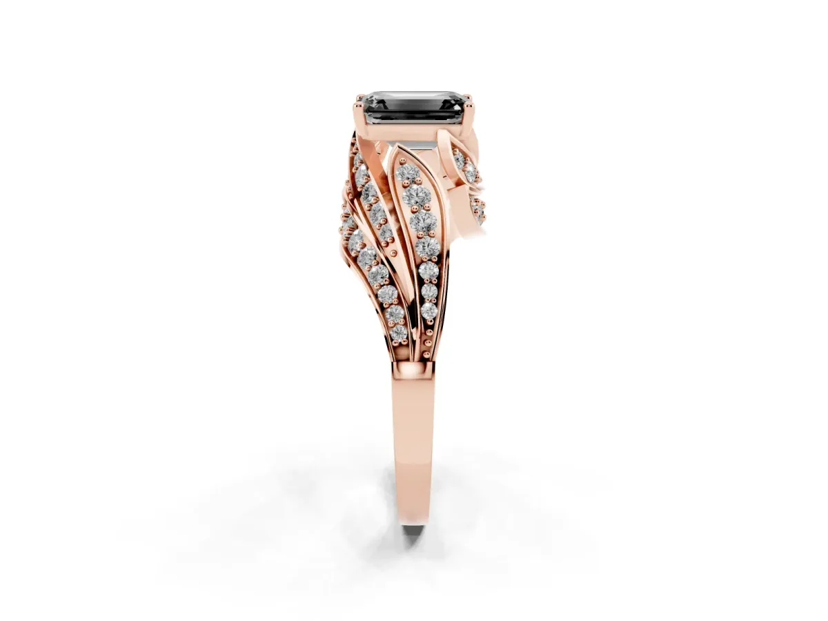 Fancy Black Emerald Cut Diamond Solitaire Ring with Prong Setting and Twisted Pavé Band Rose gold