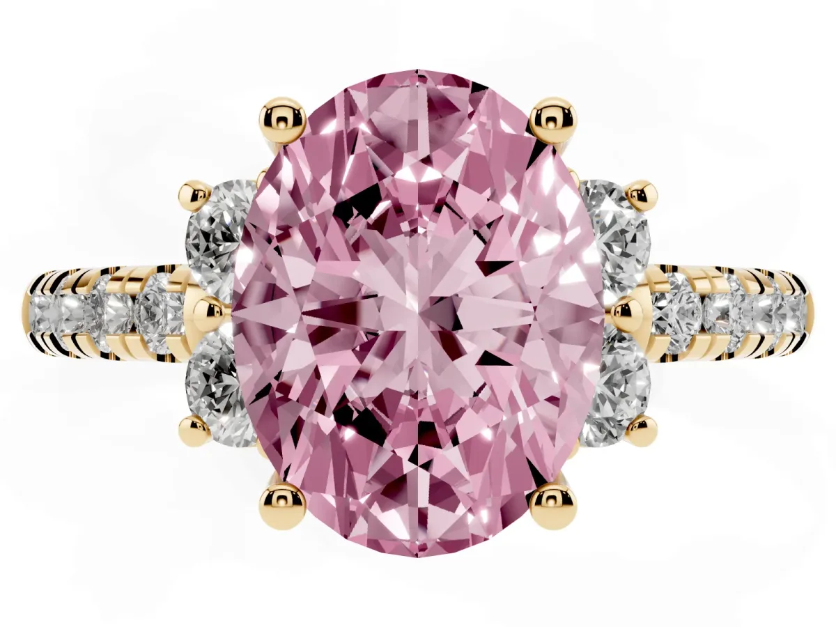 Fancy Pink Oval Cut Diamond Three-Stone Pave Band with Four-Prong Setting Yellow gold
