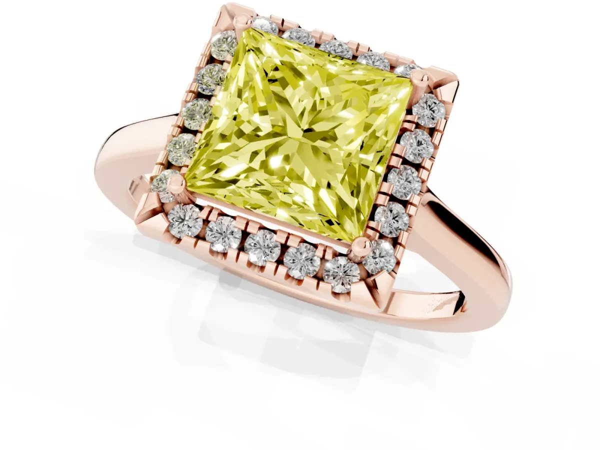 Fancy Yellow Princess Cut Halo Round Diamond Solitaire Ring with Pavé Band and Four-Prong Setting Rose gold
