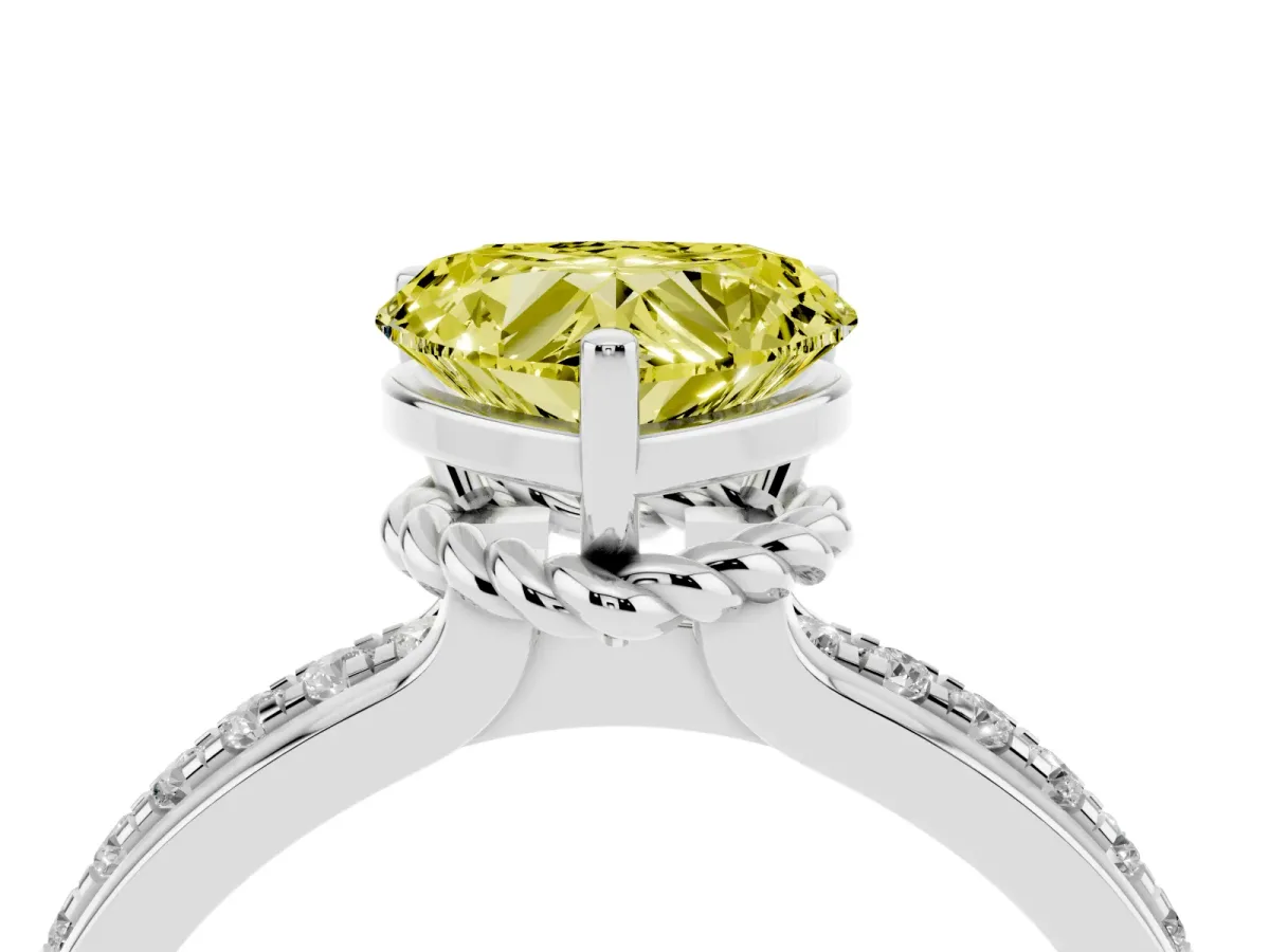 Fancy Yellow Heart Cut Solitaire Diamond Ring with Channel Set Band and Six-Prong Setting Platinum