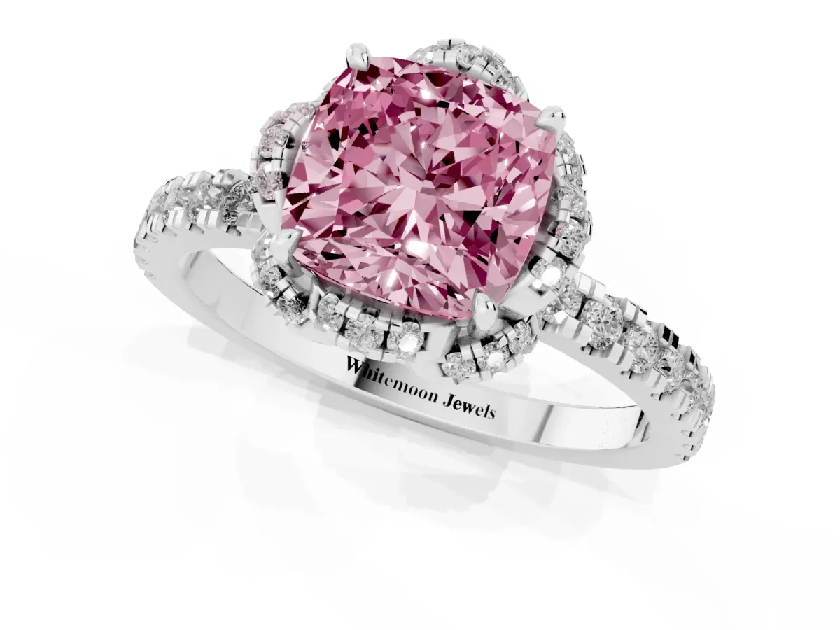 Fancy Pink Cushion Cut Halo Diamond Pave Band Ring with Four-Prong Setting Silver