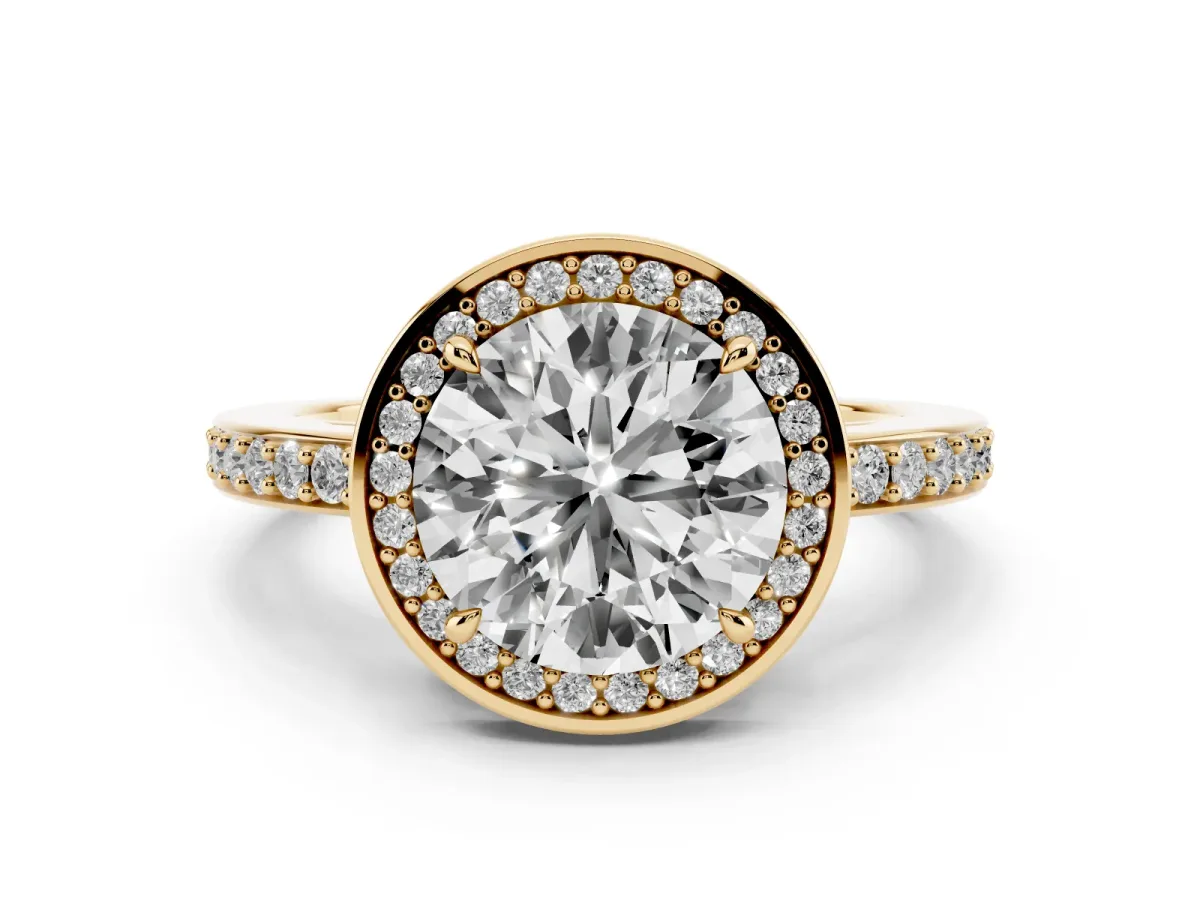 Round Cut Halo Pave Band Solitaire Ring with Prong Setting Yellow gold