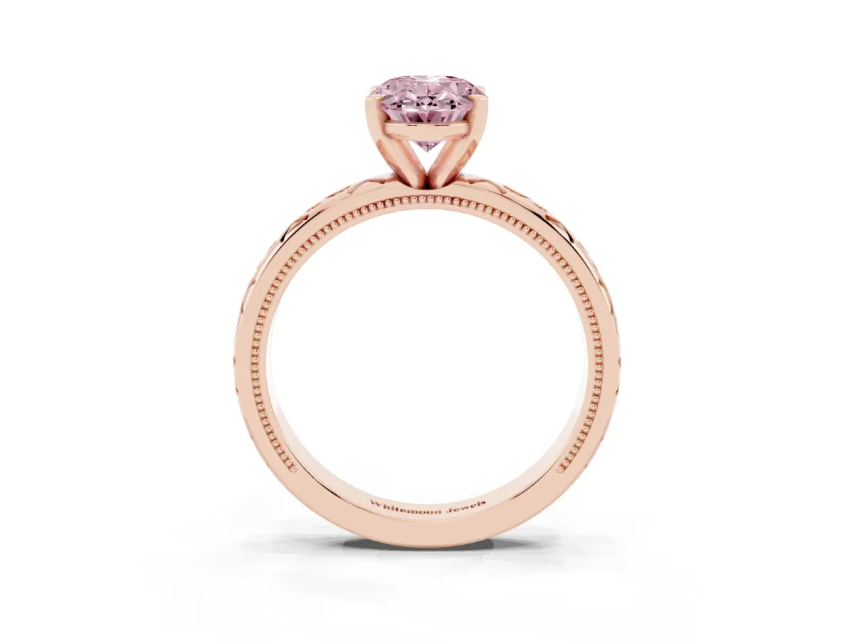 Fancy Pink Oval Cut Solitaire Engagement Ring with Scrollwork Band and Four-Prong Setting Rose gold