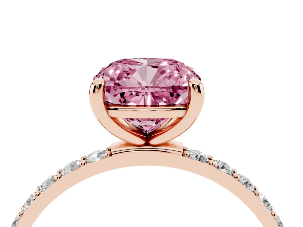 Fancy Pink Cushion Cut Diamond Solitaire Ring with Round Pavé Band and Prong Setting Rose gold