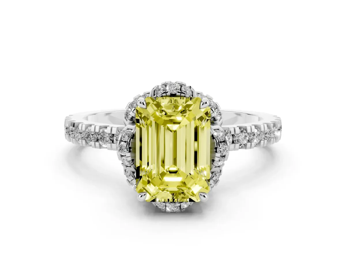 Fancy Yellow Emerald Cut Halo Diamond Pave Band Ring with Four-Prong Setting Silver