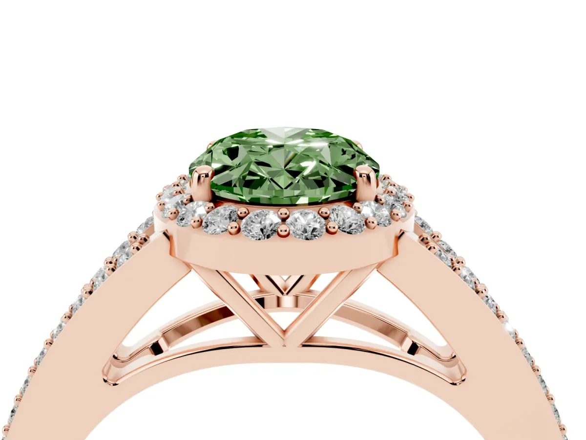 Fancy Green Oval Cut Halo Split Shank Diamond Ring with Prong Setting Rose gold