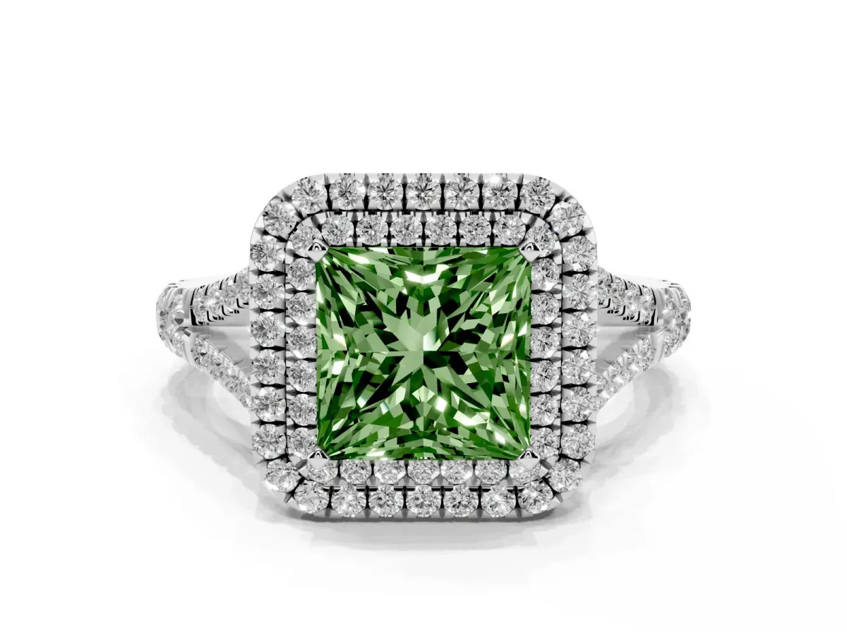 Fancy Green Princess Cut Cut Double Halo Split Shank Diamond Ring with Prong Setting Platinum