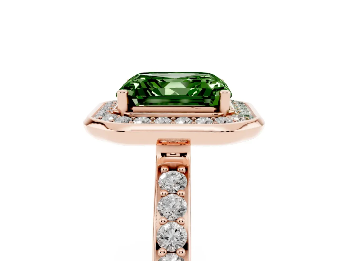 Fancy Green Asscher Cut Diamond Halo Ring with Bezel Frame and Pavé Band Rose gold