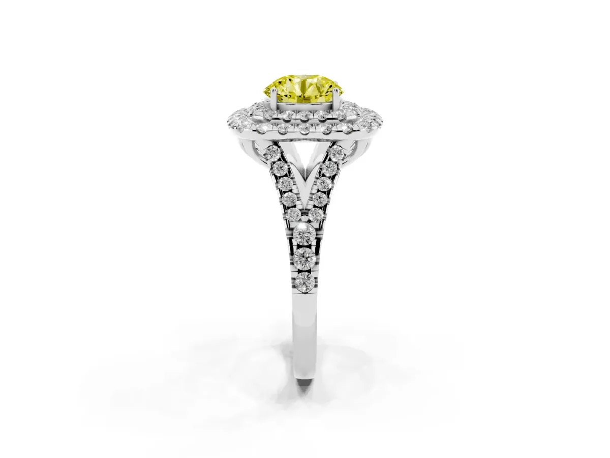 Fancy Yellow Double Halo Round Cut Diamond Pavé Split Shank Ring with Prong Setting Platinum