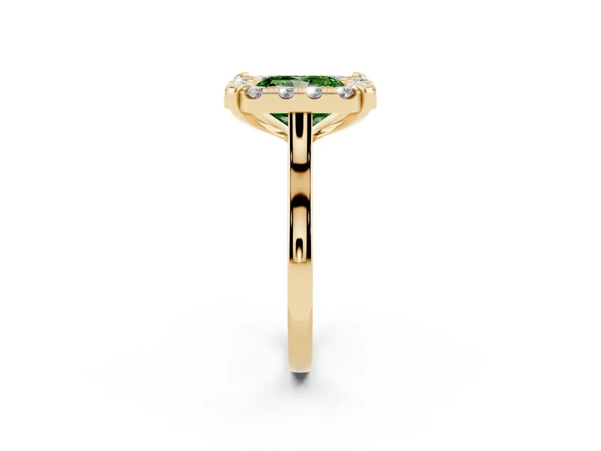 Fancy Green Radiant Cut Diamond Cluster Halo Solitaire with Four-Prong Setting Yellow gold