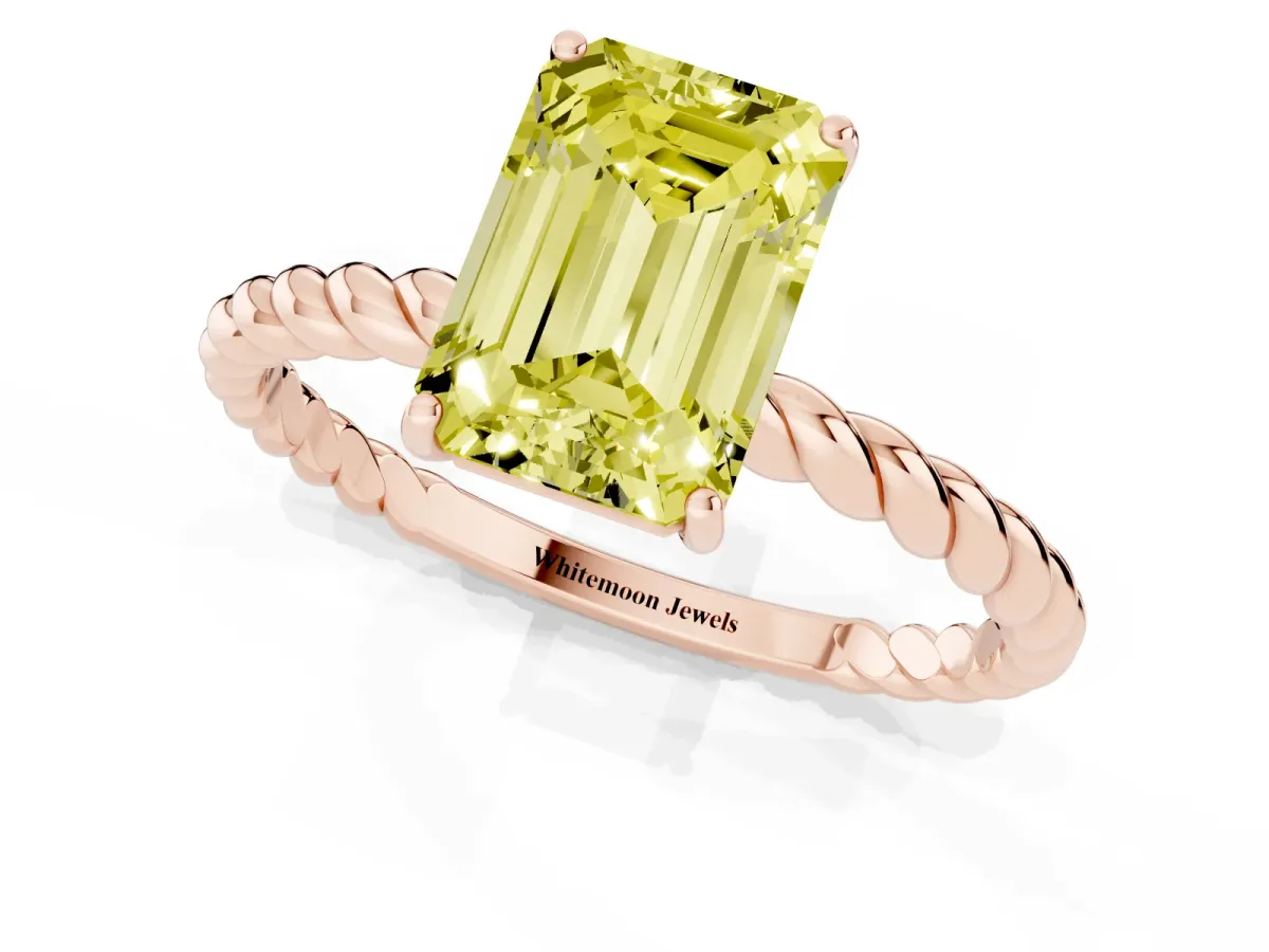 Fancy Yellow Emerald Cut Solitaire Twist Band Ring with Four-Prong Setting Rose gold