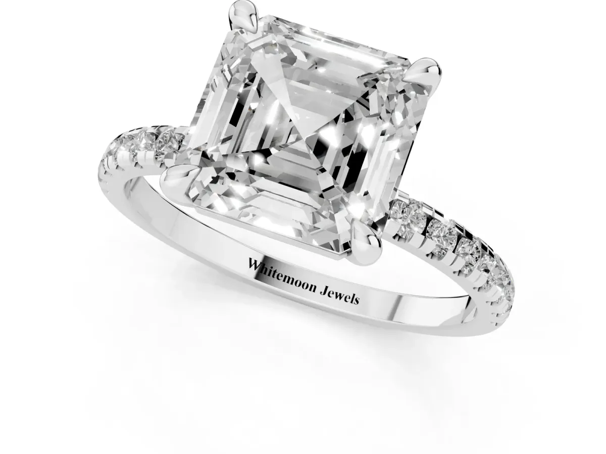Asscher Cut Diamond Brilliant Solitaire Ring with Pavé Band and Four-Prong Setting Platinum