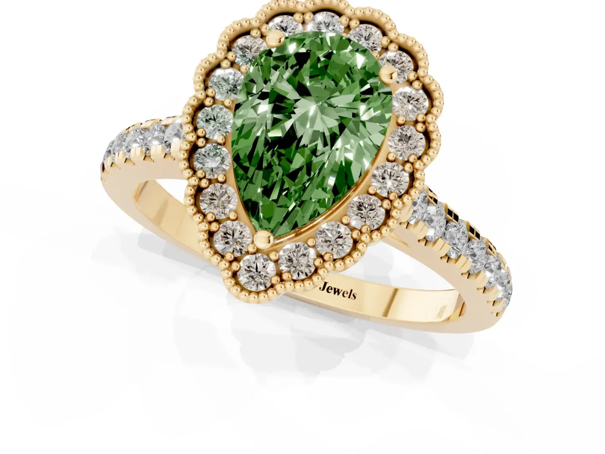 Fancy Green Pear Cut Cut Diamond Milgrain Floral Halo Engagement Ring with Pavé Band Yellow gold